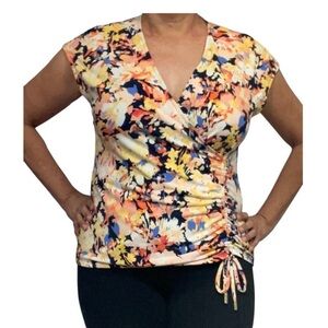 Nine West Women’s Multicolor Floral Faux Wrap Short Cap Sleeve Blouse Size XL